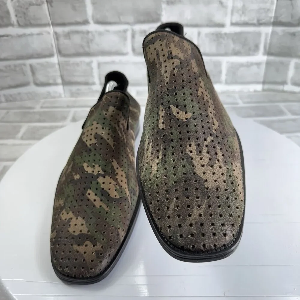 Karl Lagerfeld Paris Men's Size 13 Camouflage Green Leather Perforated Loafers